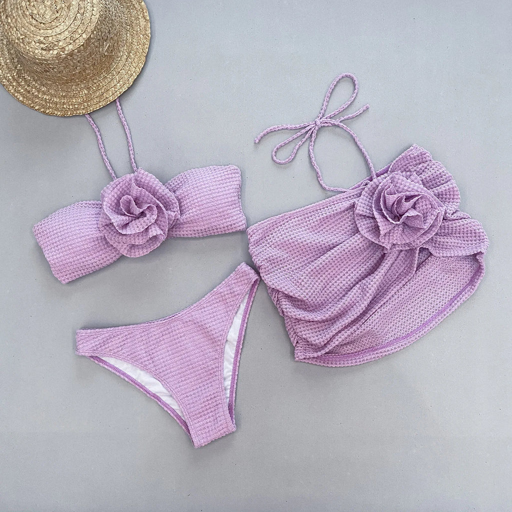 Women’s 2025 Floral 3‑Piece Bikini Set – Solid Bandage Swimsuit with Matching Cover‑Up
