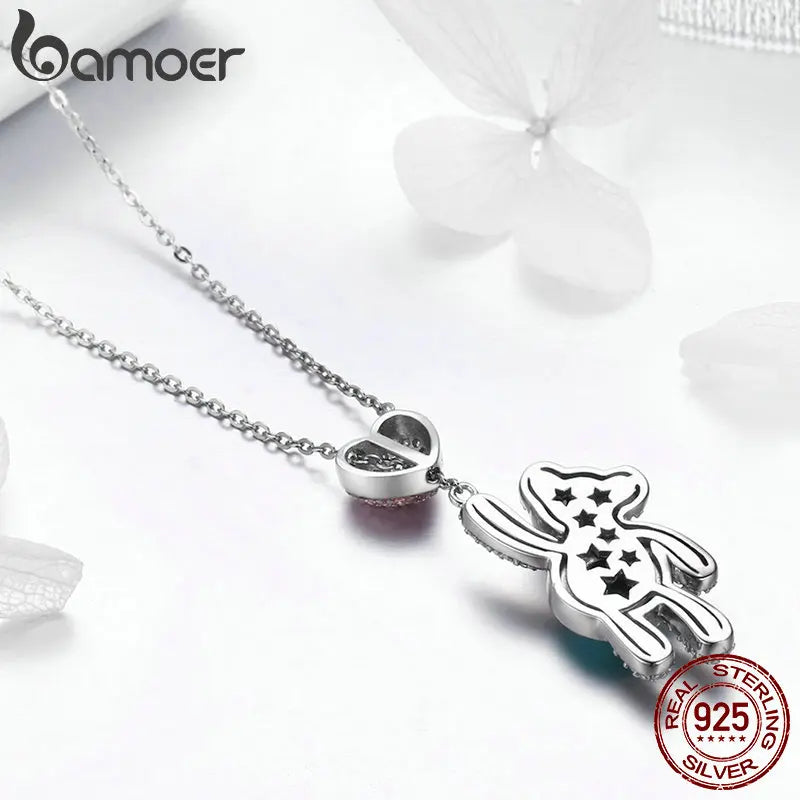BAMOER 100% 925 Sterling Silver Pink CZ Heart And Cute Bear Animal Pendant Necklaces for Women Silver Jewelry Gift SCN271