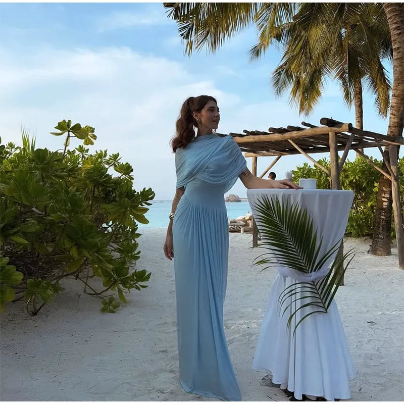 Irregular Shawl Blue Maxi Dress – Women’s 2025 Slim‑Fit Turtleneck Pleated Evening Party Dress