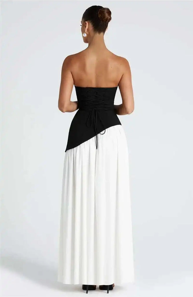 Mozision Strapless Off-shoulder Sexy Maxi Dress For Women Gown Patchwork Scarf Collar Thigh High Split Club Party Long Dress