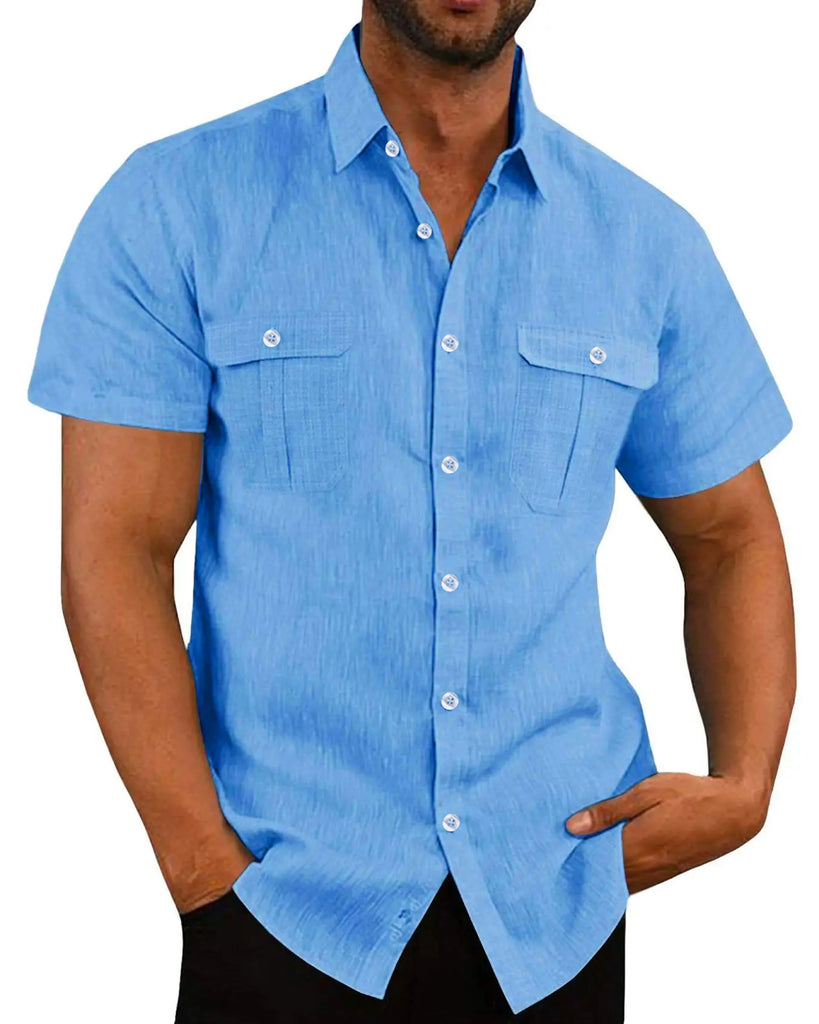 Men’s Summer Short‑Sleeve Shirt – Solid Color Fashion Top with Two Chest Pockets, Outdoor Casual Cardigan Style