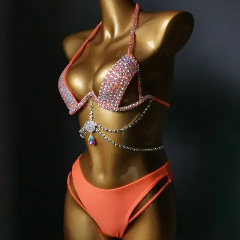 Diamante Bikini Sexy Nightclub Bar DJ Pole Dancing Bikini Sparkly Rhinestones Bra Shorts 2-Piece Set Party Performance Costume
