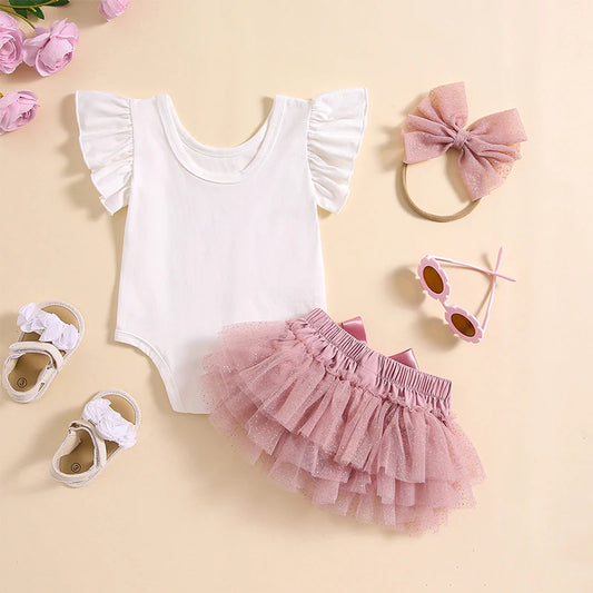 Pudcoco Baby Girl Birthday Summer Outfits Ruffle Sleeve Letter Print Lace Romper + Tutu Skirt + Headband Set Newborn Clothes