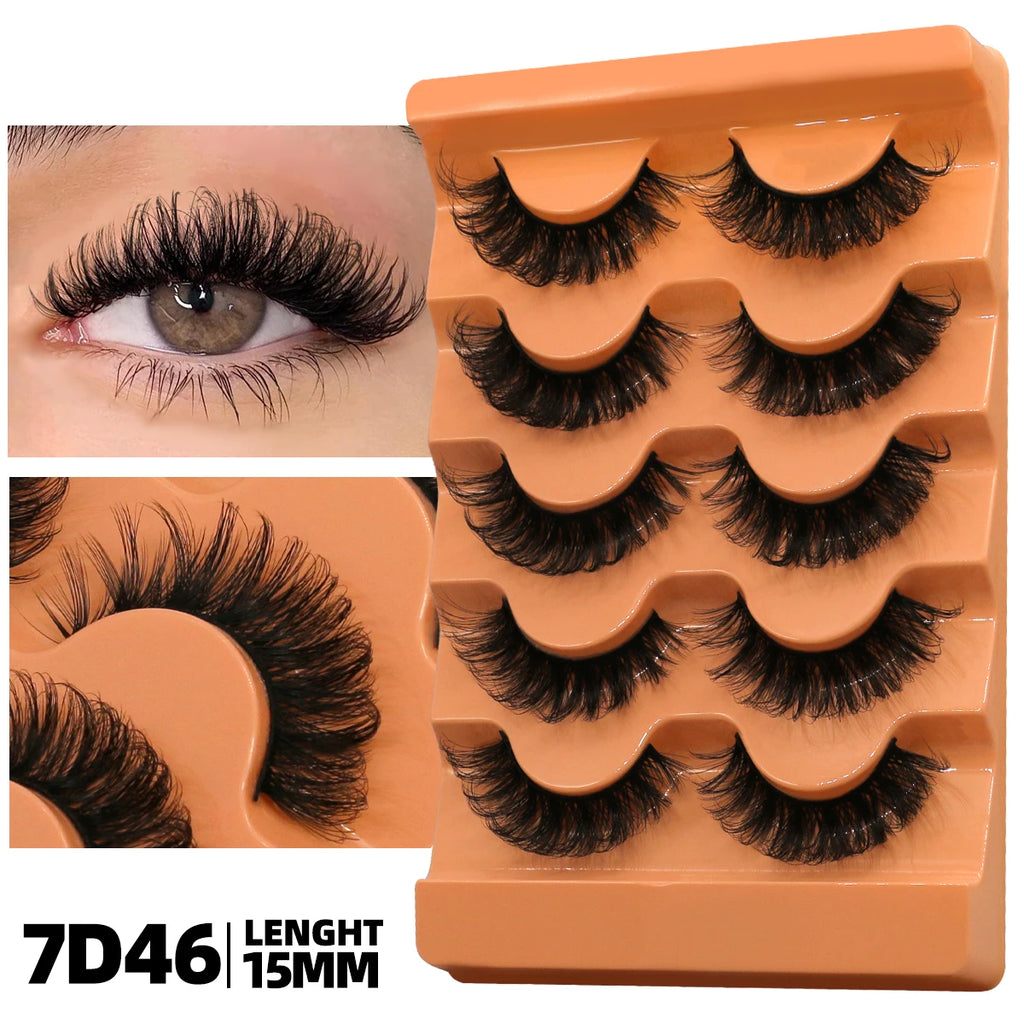 GROINNEYA Fluffy Lashes 5 Pairs D Curl 3D Mink False Eyelashes Thick Volume Russian Strip Lashes Mink Lashes Faux Natural Fake L