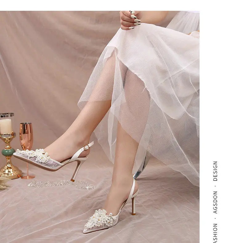2025 White Wedding Shoes Bridesmaid Shoes Women's Lace Shoes Fashion High Heels Pearl Pumps