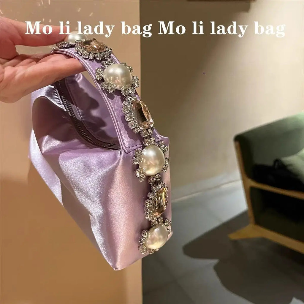 Luxury Designer Pearl Beaded Satin Hobo Bag Women Handbag Rhinestone Diamond Evening Bag Wedding Party Clutch Purse Shoulder Bag