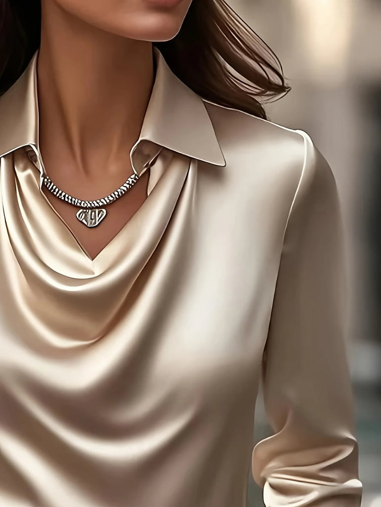 Plus‑Size Satin Long‑Sleeve Shirt 2026 — Pleated Draped Collar Elegant Office Top