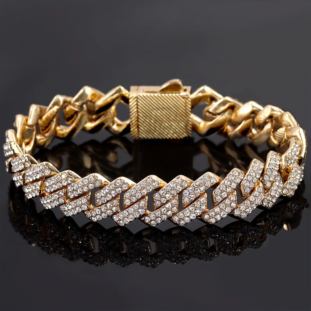1Pcs 13/14MM Cuban Chain Bracelet for Men Women Prong Miami Rhinestones Cuban Bracelets Wristband Hiphop Gifts Jewelry