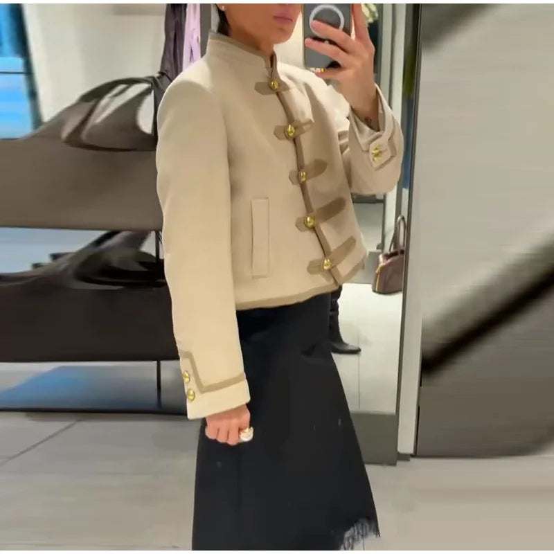 Napoleon Golden Short Jacket Women Vintage Stand Collar Long Sleeve Cropped Jackets 2026 Spring New Lady Outwear High Street