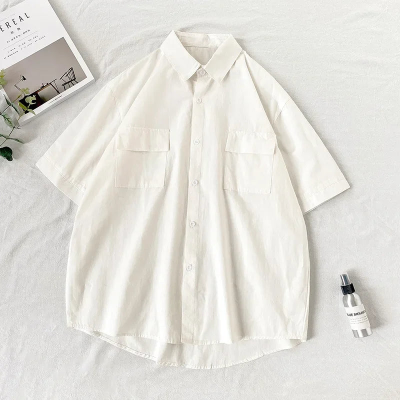 Summer Solid Color Short Sleeve Men's Shirt Loose Fit Japanese Workwear Half Sleeve Top Hong Kong Style White Trendy Casual Shir