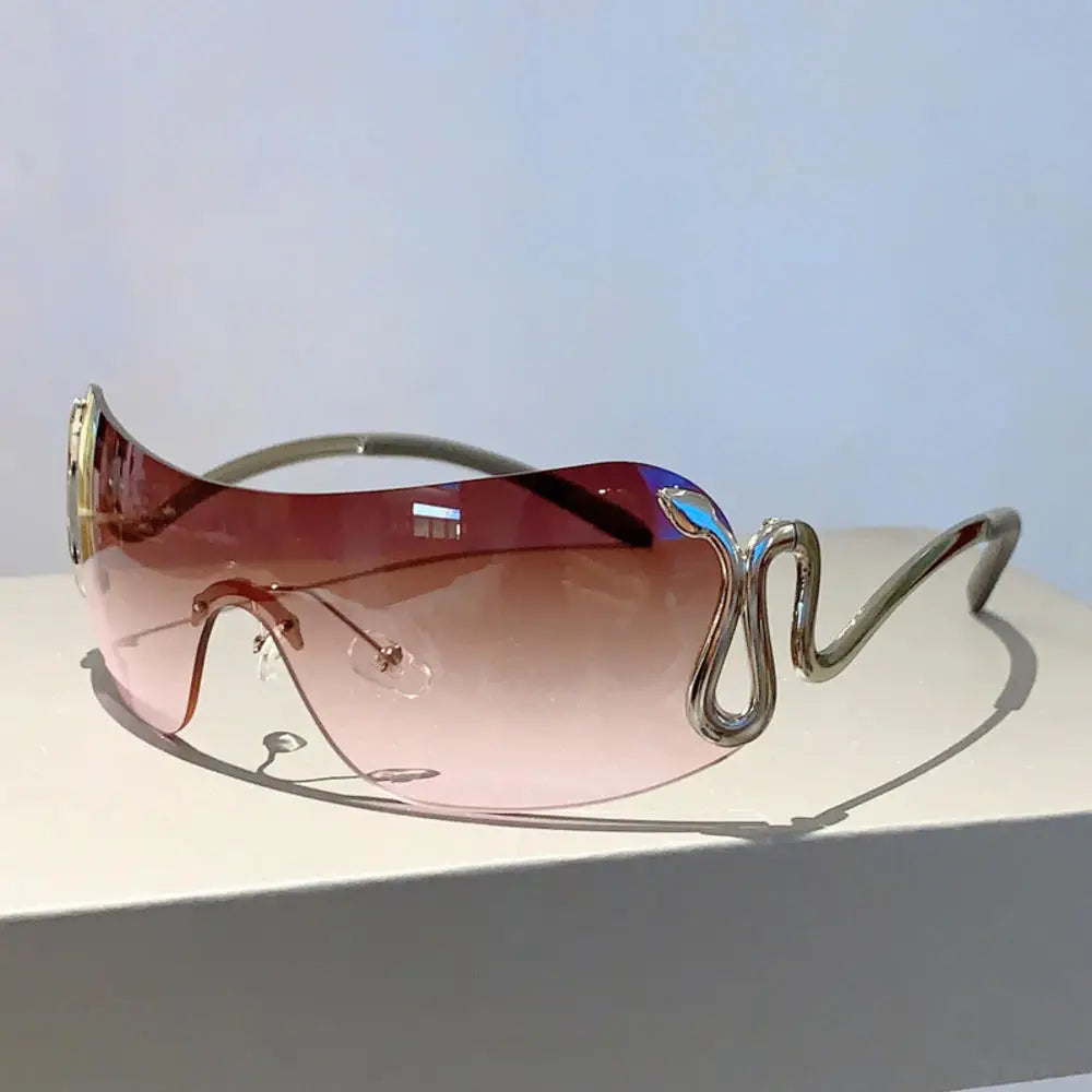 KLASSNUM Women Y2k Rimless Sunglasses Snake Metal Legs Eyewear Stylish Monoblock Gradient Outdoor Shades Trendy Brand Goggles
