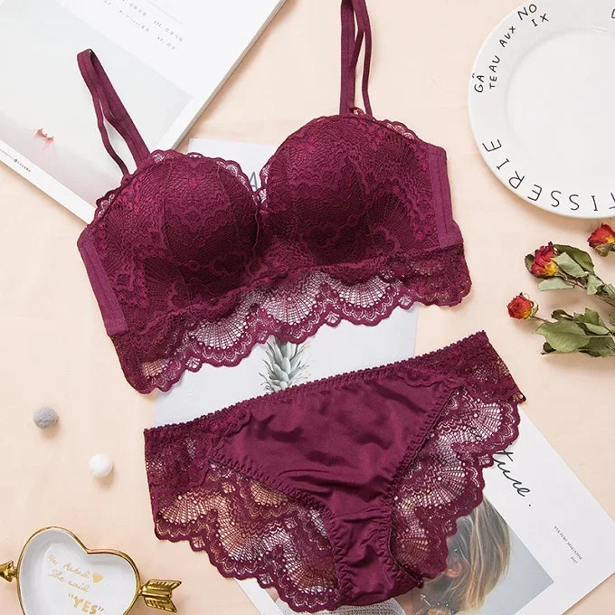 Sexy Push Up Bra Lingerie Set - Comfortable Wireless Lace Underwear, Massage Palm Cup for Lift, 75C/80C/85C