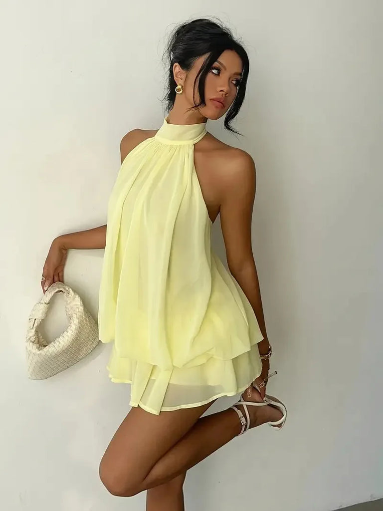 Women’s Backless Halter Neck Dress – Tie‑Front Chiffon Sheer Mini Skirt, Sexy Y2K Vintage Party Dress