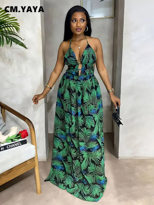 CM.YAYA Women Leaf Printed Spaghetti Strap Backless Deep V-neck Straight Maxi Long Dress 2023 Beach Sexy Street Vestidos Dresses