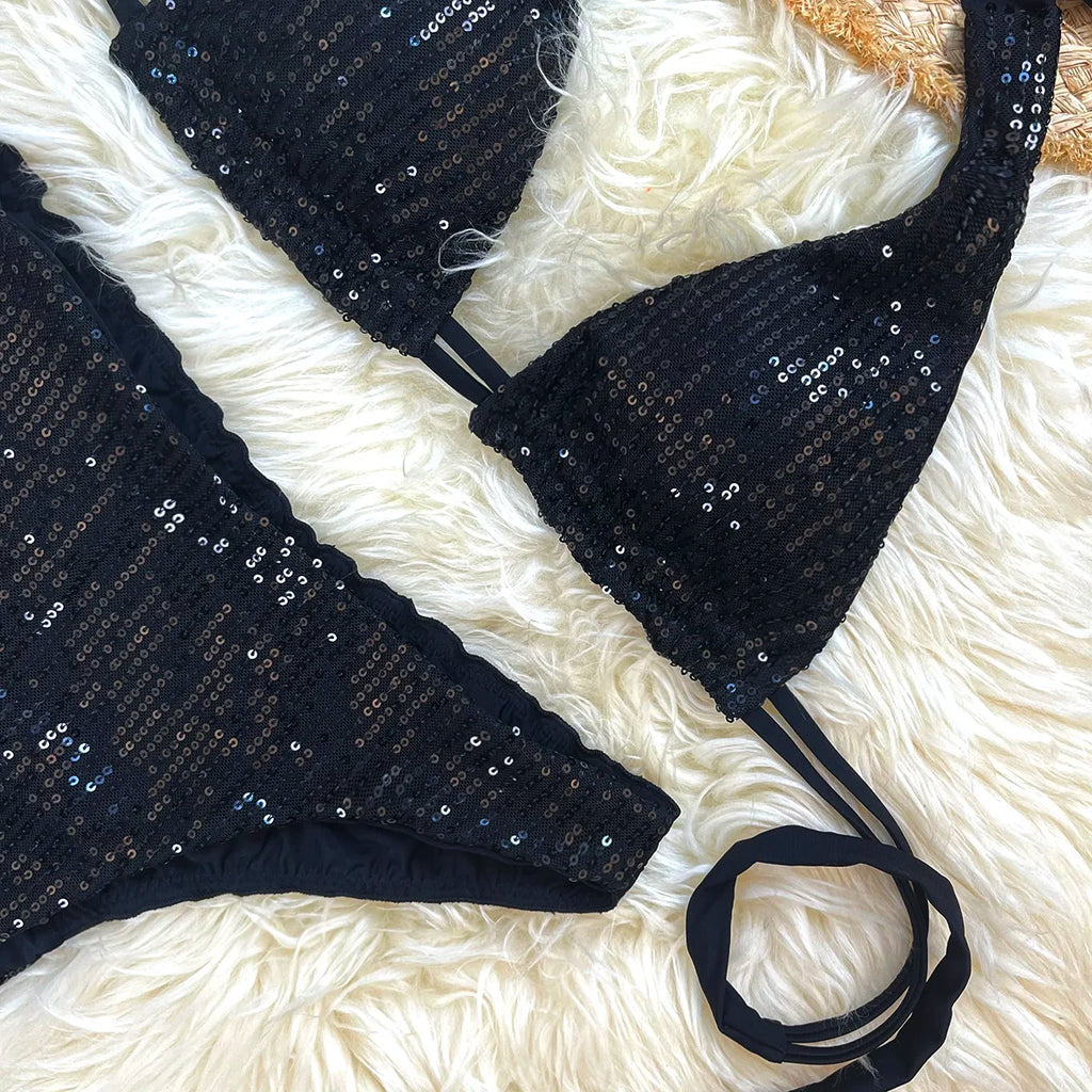Melphieer Sequins Sparkle Bikini Set — Strappy Bandage Ruching Bum Two‑Piece Swimsuit for Beach, Pool & Holiday Outfits