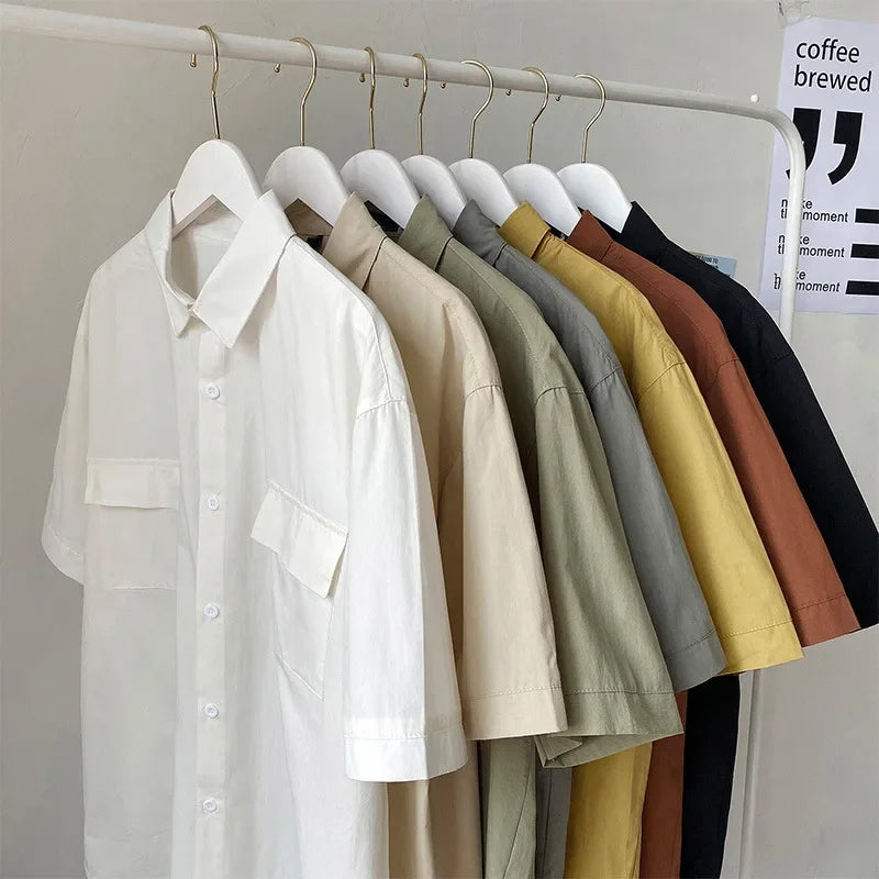 Summer Solid Color Short Sleeve Men's Shirt Loose Fit Japanese Workwear Half Sleeve Top Hong Kong Style White Trendy Casual Shir