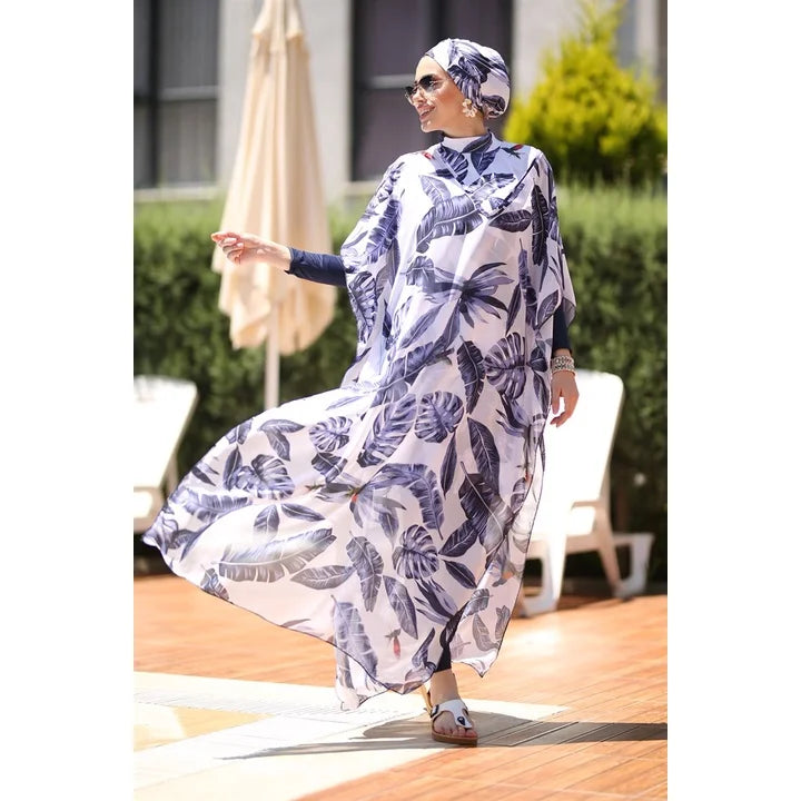 Women’s 4‑Piece Islamic Burkini Set – Long Sleeve Modest Swimwear with Hijab, Digital Print Sports Bathing Suit (4XL)