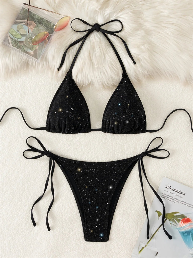 Women’s Shiny Tinsel Micro String Bikini – Black Y2K Sequin Push‑Up Triangle Swimsuit 2025