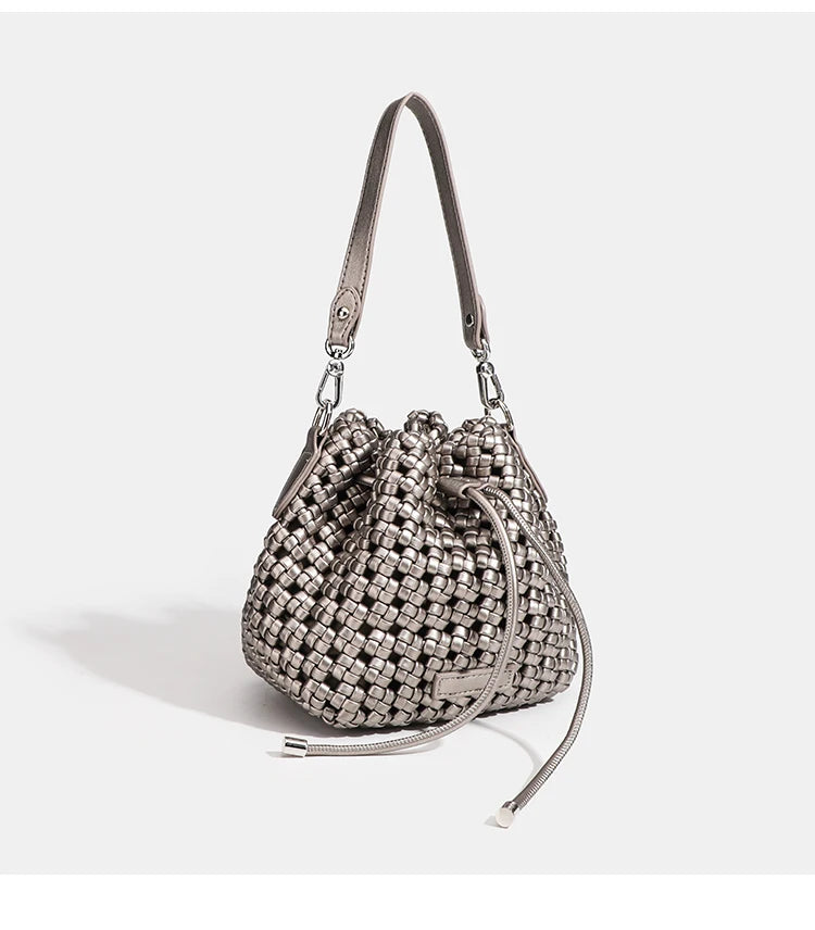Luxury 2024 Bucket Bags with leather handles large Cross bag PU Woven Tote bag Branded Aesthetic bags Silver women's bags
