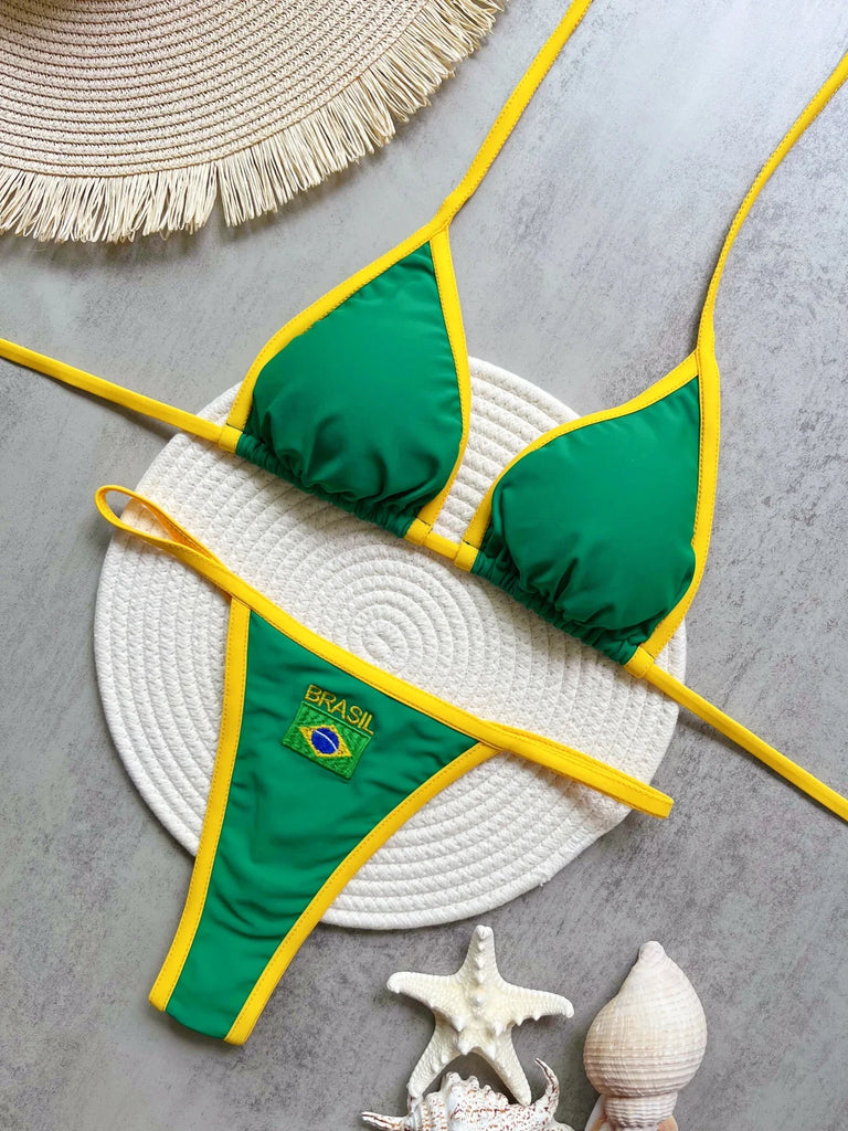 2026 Sexy Embroidery Brasil Flag Contrast Split Bikini Set Women Swimwear Patchwork Swimsuit Hottie Outfit SummerBeachwear