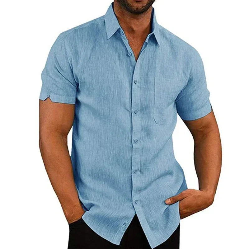 Men’s Cotton‑Linen Summer Shirt – Solid Short‑Sleeve Turn‑Down Collar Casual & Beachwear Top