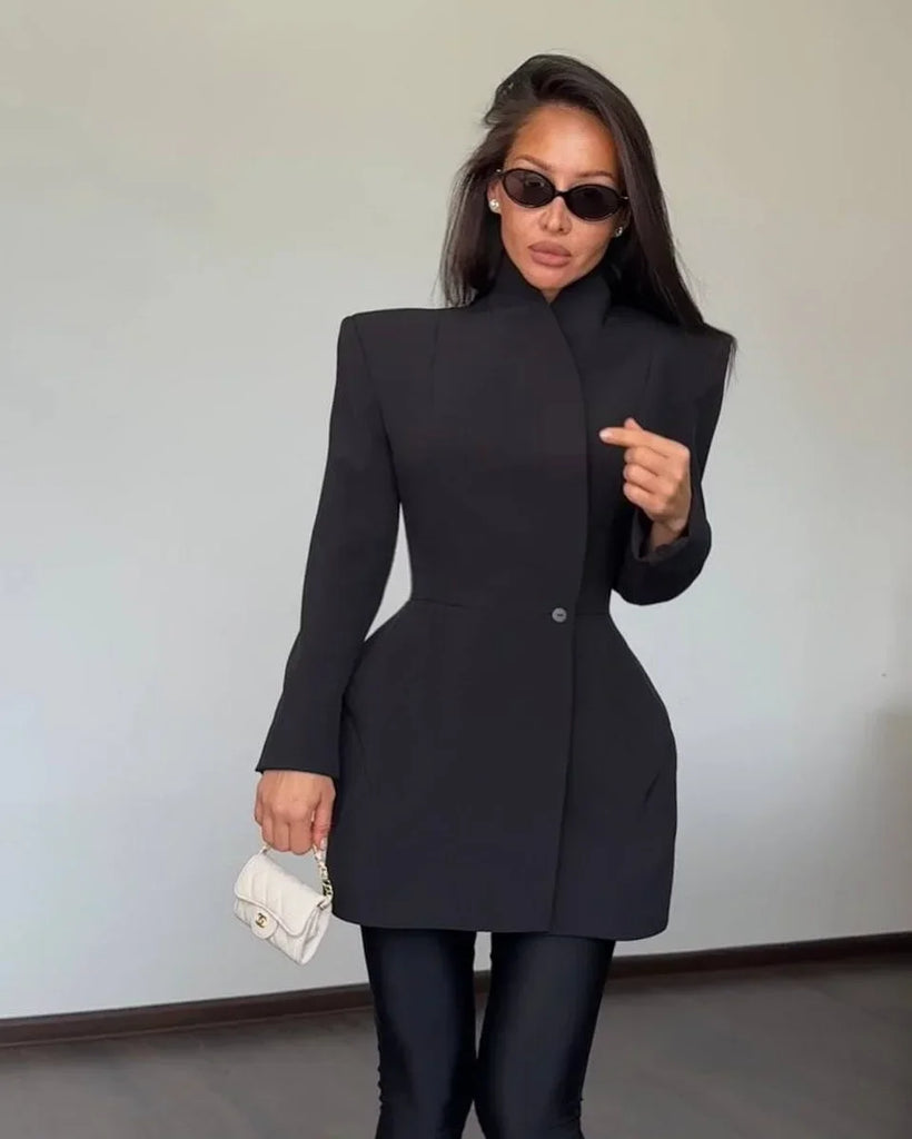 Women Waist Cinching Suit Jacket Elegant V-neck Full Sleeve Single Button Shoulder Pad Slim Coat Fashion Lady Commute Outerwear