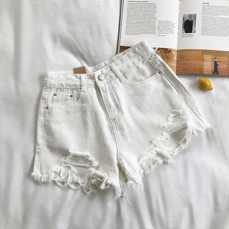 Women’s Korean High‑Waist Ripped Denim Shorts – Y2K Tassel Hot Pants Summer Streetwear (Blue)