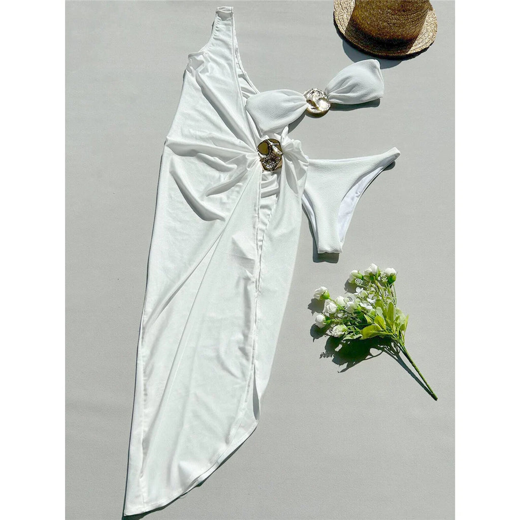 Women’s 2026 Bandeau Bikini Set – 3‑Piece Swimsuit with Long Maxi Cover‑Up Dress V6100