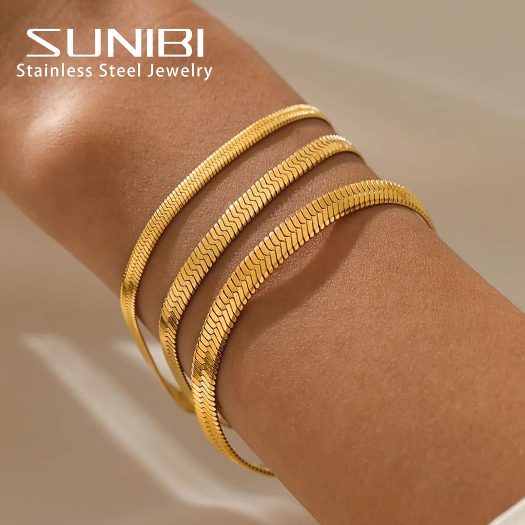 SUNIBI Women Trend Classic Snake Chain Bracelet Gold Color Width 2/3/4/5MM Stainless Steel Chain Bracelet For Women Jewelry Gift