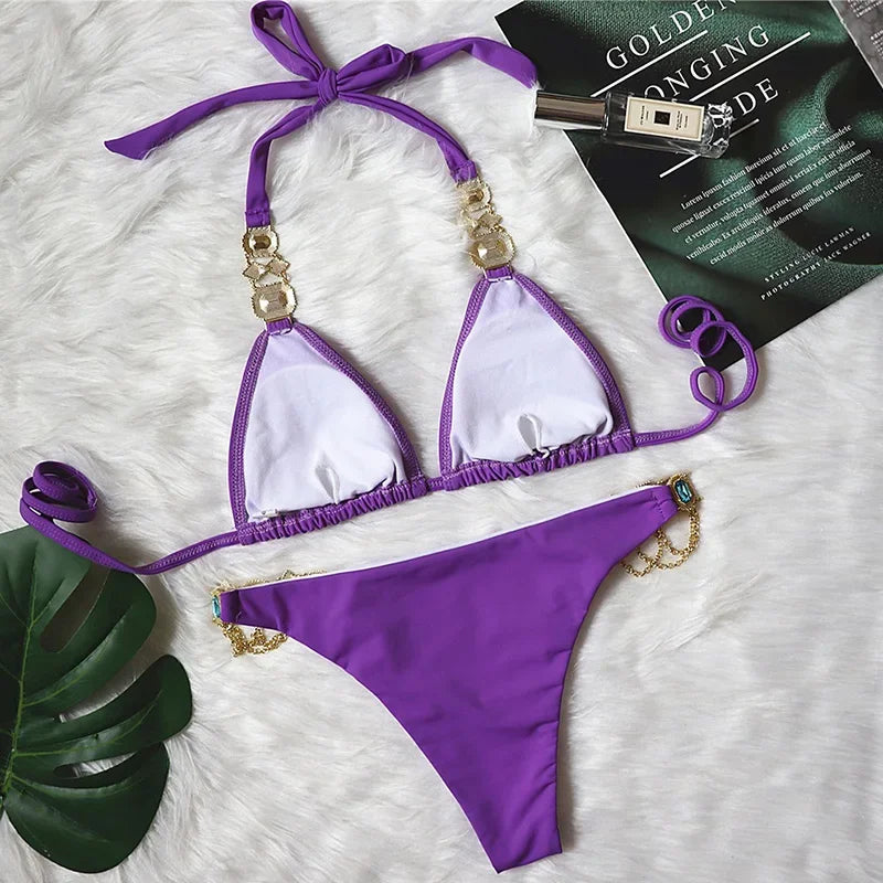 Women’s 2026 Rhinestone Diamond Bikini – Halter Chain Two‑Piece Swimsuit, Sexy Shiny Brazilian Swimwear