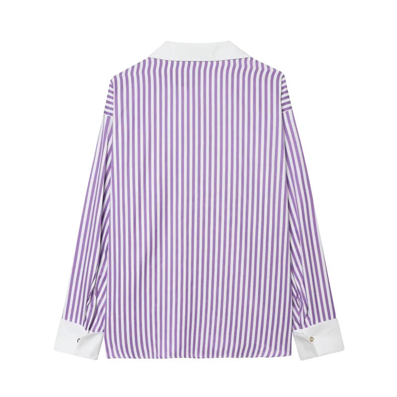 2026 Women’s Long Sleeve Collared Shirt — Striped Cuff Loose Chic Spring Summer Top