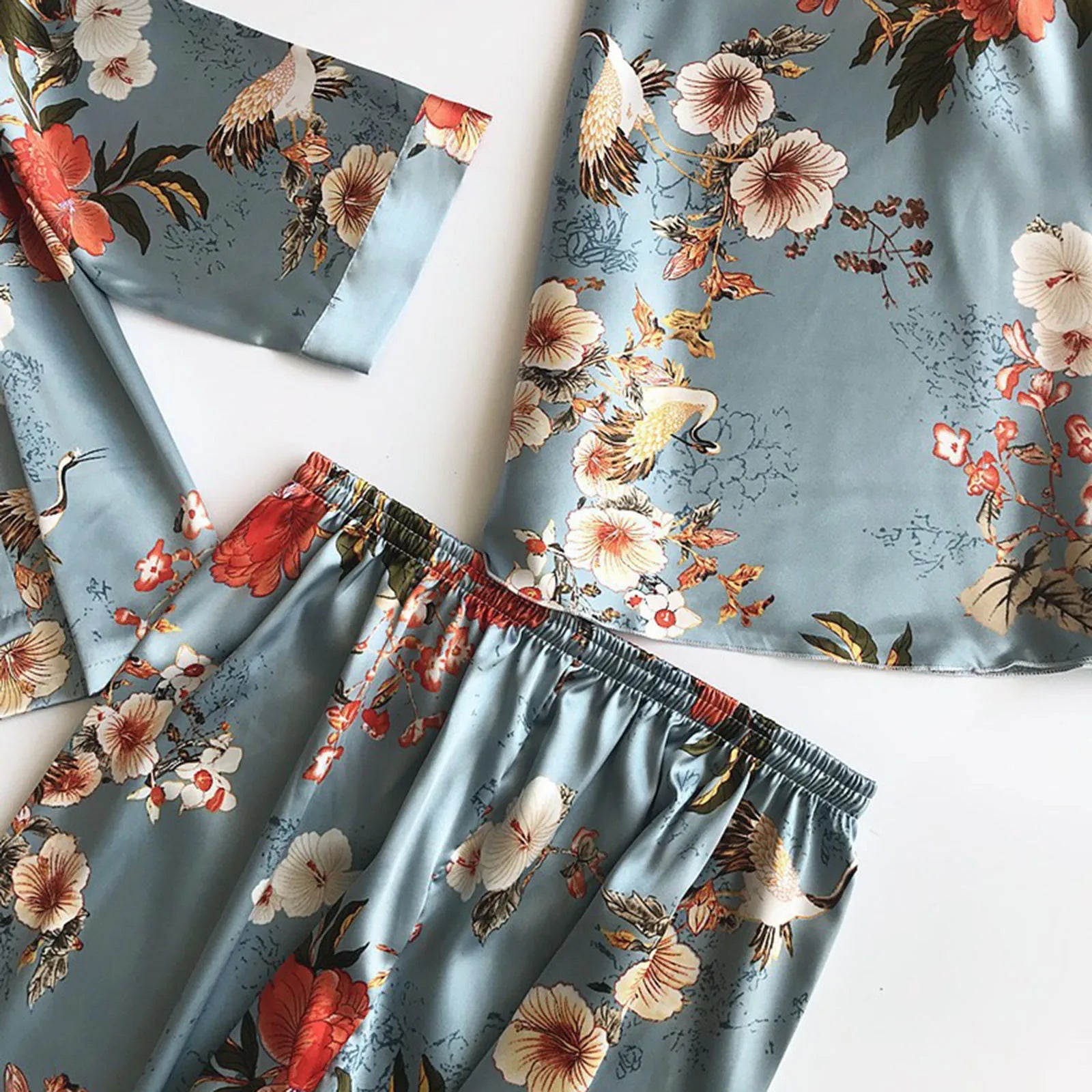 Women's Pajamas Sets Soft Silky Satin Folral Print Homewear Three Piece Home Suit Tank Top And Pants Pajamas Set With Nightgowns