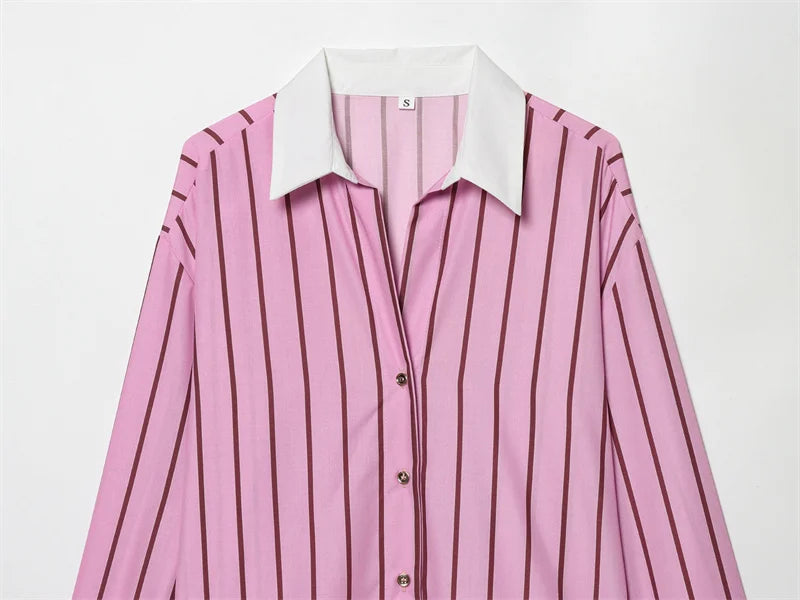 2026 Women’s Long Sleeve Collared Shirt — Striped Cuff Loose Chic Spring Summer Top