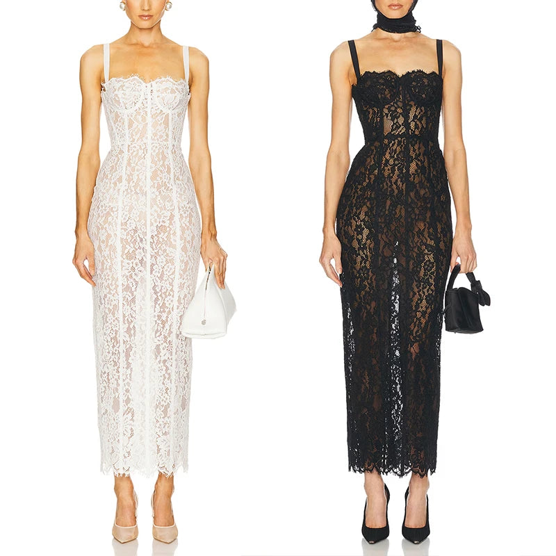 Black Lace Patwork Sleeveless Maxi Dress for Women 2025 Summer Sexy Bodycon Party Dresses Fashion Summer Celebrity Club Wear
