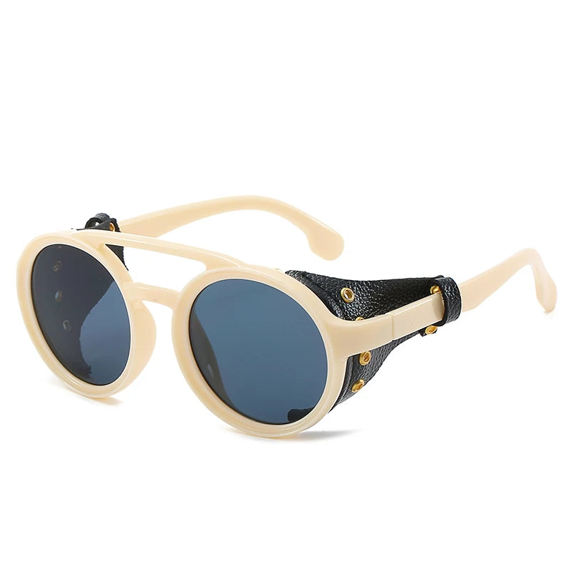 Steampunk Shields Sunglasses Men Women Classic Sun Glasses With Side Leather Round Eyewears Punk UV400 Lens