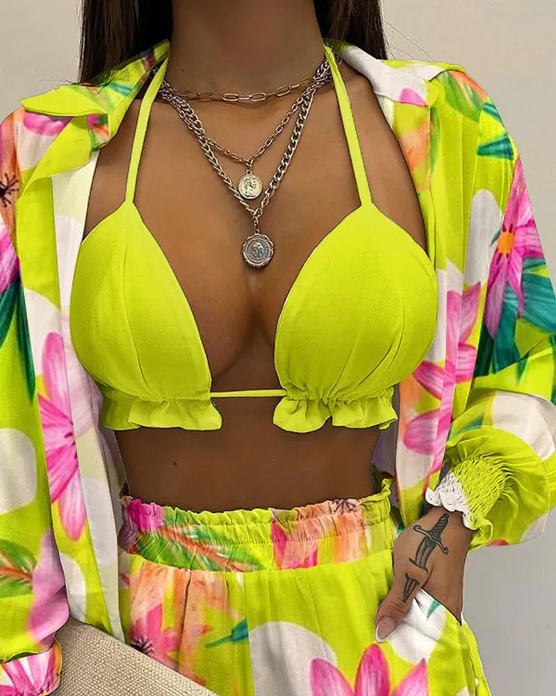 Women’s 2024 High‑Waist 3‑Piece Bikini Set – Printed Swimsuit with Shorts Cover‑Up Summer Beachwear