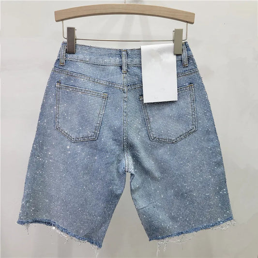 Women Starry Diamonds Denim Shorts Straight Legs Rhinestones Jeans Pants Spring Summer High Waisted Crystal Cowboy Trousers