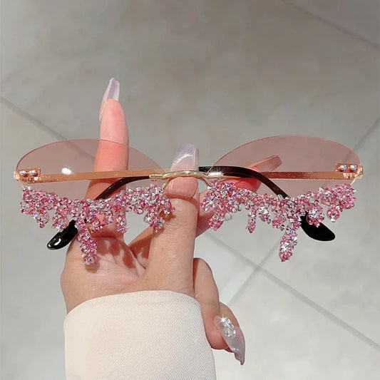 KAMMPT Rimless Tear Shaped Sunglasses with Rhinestones Women Fashion Decorative Shades Trendy Stylish Design Rave Sun Glasses