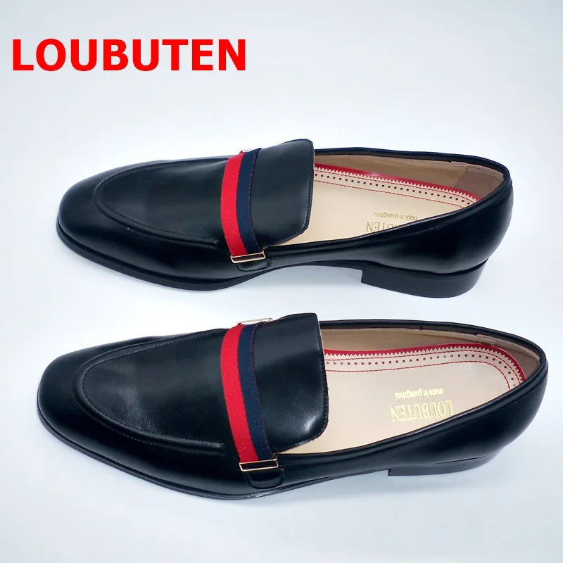 LOUBUTEN Luxury Fashion Italian Black Genuine Leather Loafers Handmade Men Dress Shoes Slip On Party Wedding Shoes
