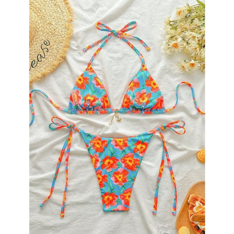 Floral Print Tie Side Bikini Set Women Sexy Trendy Cute Yet Sultry Premium Two Piece Swimsuit for Beach Hot Spring Vacation