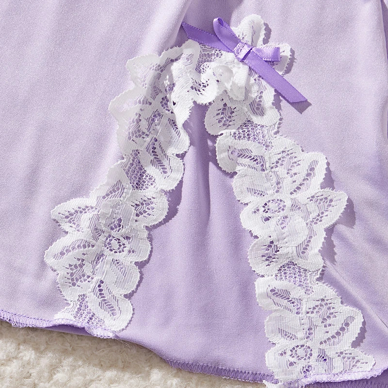 Light Purple Deep‑V Lace Bow Nightdress