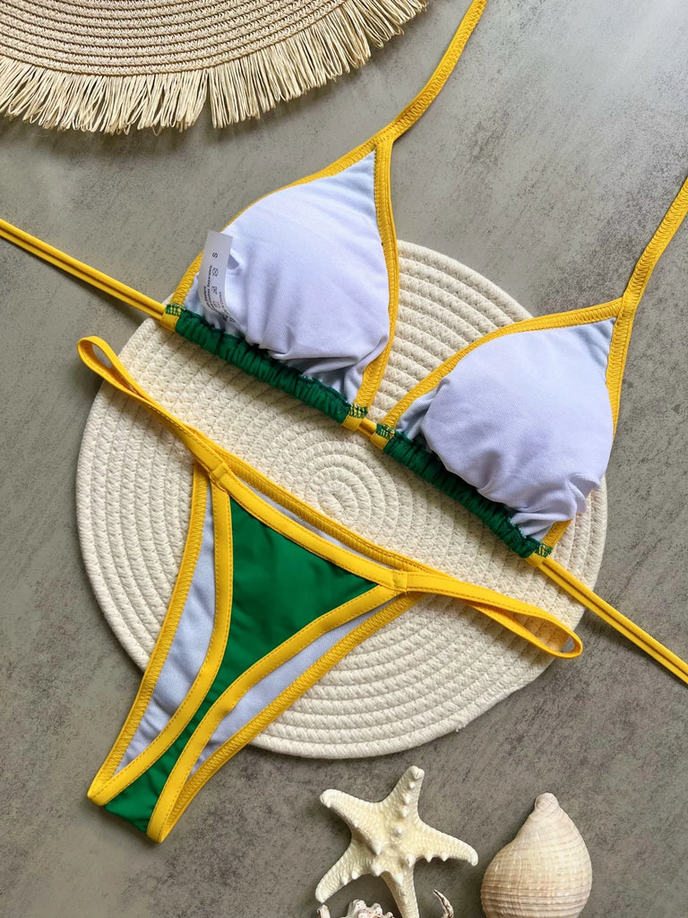 2026 Sexy Embroidery Brasil Flag Contrast Split Bikini Set Women Swimwear Patchwork Swimsuit Hottie Outfit SummerBeachwear