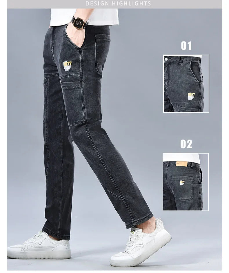 Multi‑Pocket Stretch Denim Jeans