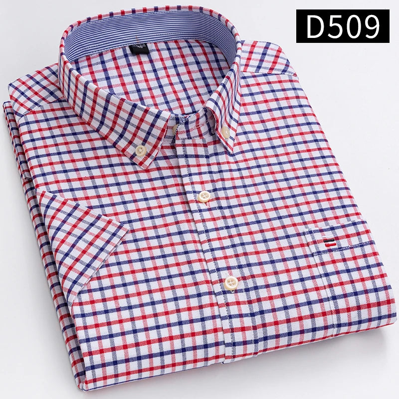 Men’s 100% Cotton Oxford Short‑Sleeve Shirt – Breathable Summer Plaid/Striped Business Casual (Regular/Oversized Fit)
