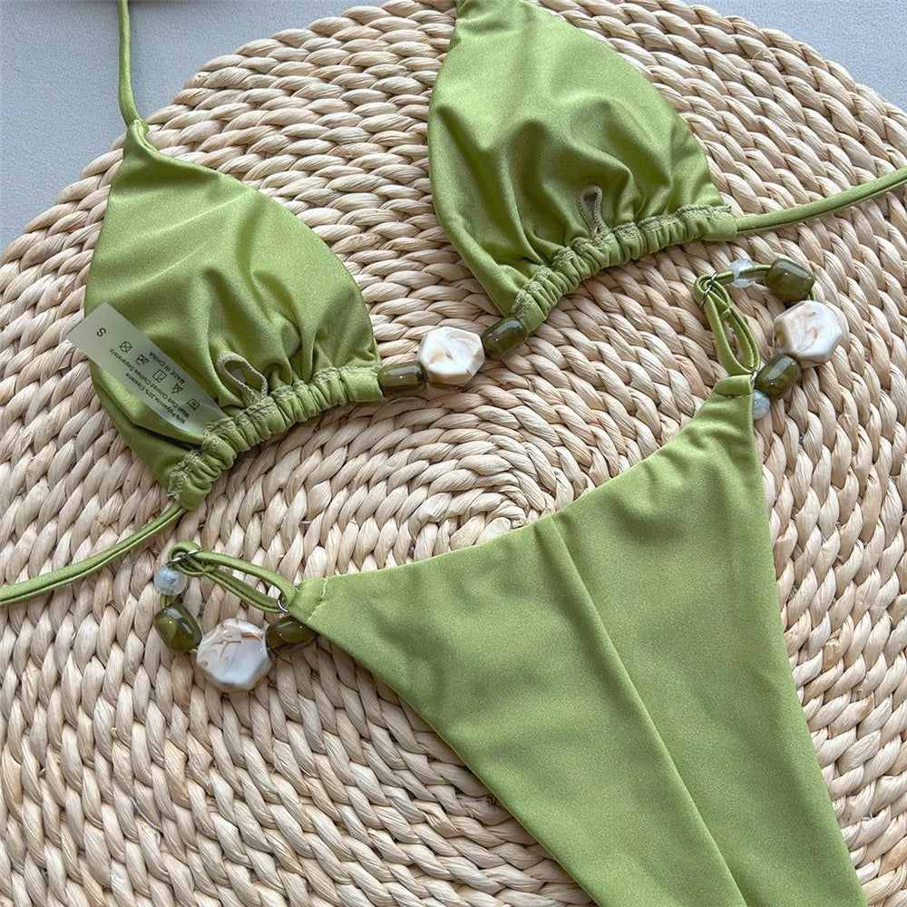 Solid Green Sexy Halter Triangle Beaded Micro Bikini