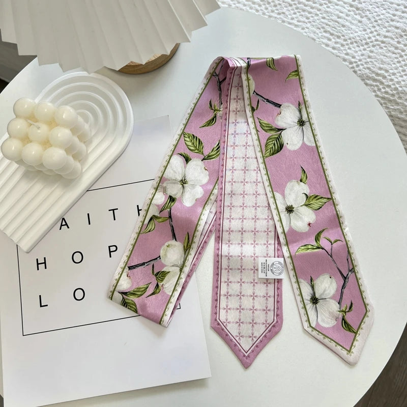 High-Grade Flower Print Long Silk Scarf Hair Band Ribbon Tied-up Hair Long Bow Vintage Satin Ribbon Hair Accessories For Women