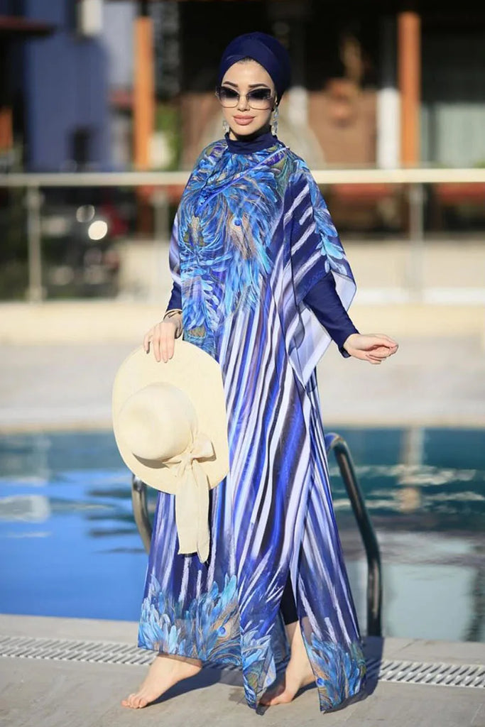 Women’s 4‑Piece Islamic Burkini Set – Long Sleeve Modest Swimwear with Hijab, Digital Print Sports Bathing Suit (4XL)
