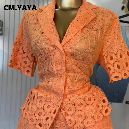 CM.YAYA Lace Embroidery Women's Set half Sleeve Shirt and Shorts Suit 2025 Street Fashion Two 2 Piece Sets Outfit Tracksuits