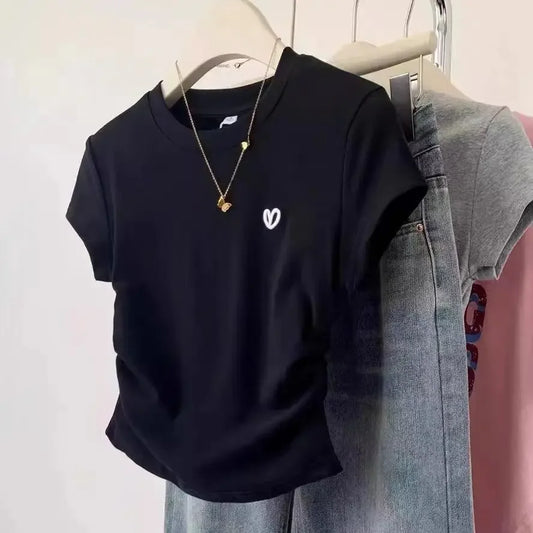 Grey Heart Embroidery Cropped Short Sleeve T-shirt Women's Summer 2024 New Design Sensibility Slims You Smooths Your Silhouette