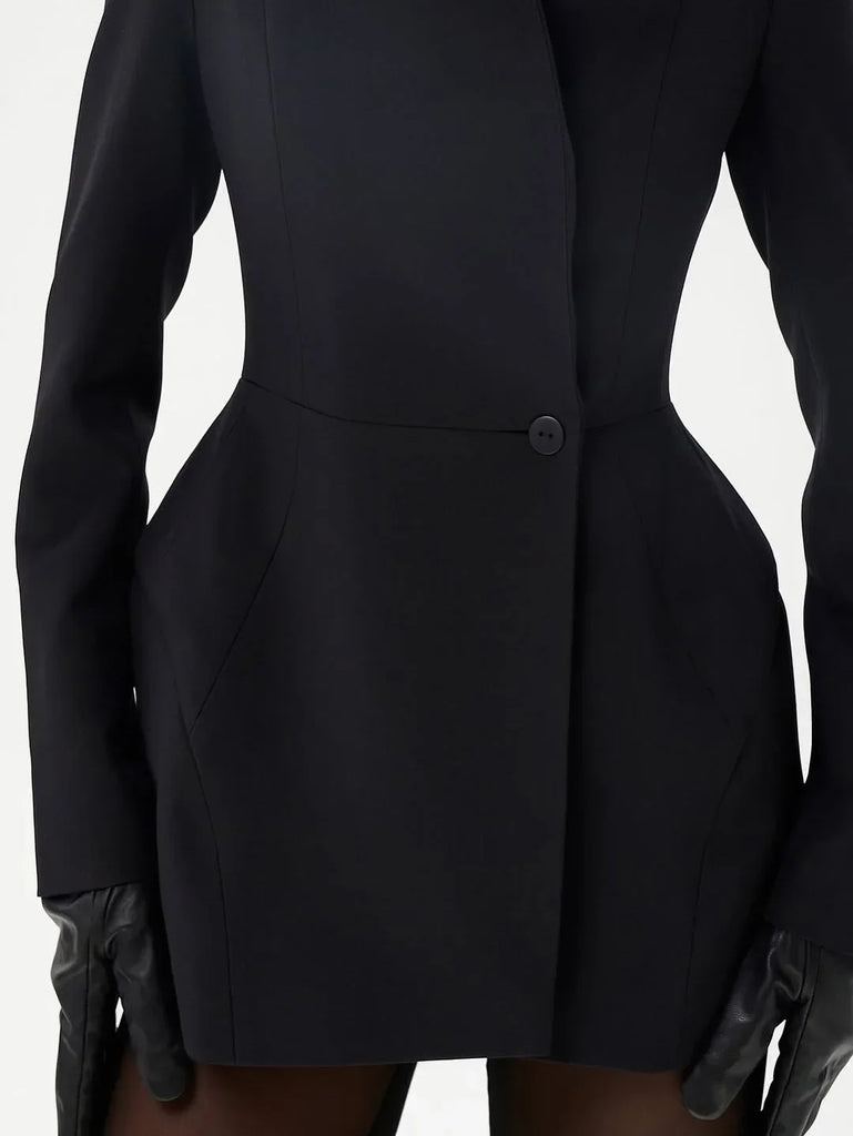 Women Waist Cinching Suit Jacket Elegant V-neck Full Sleeve Single Button Shoulder Pad Slim Coat Fashion Lady Commute Outerwear